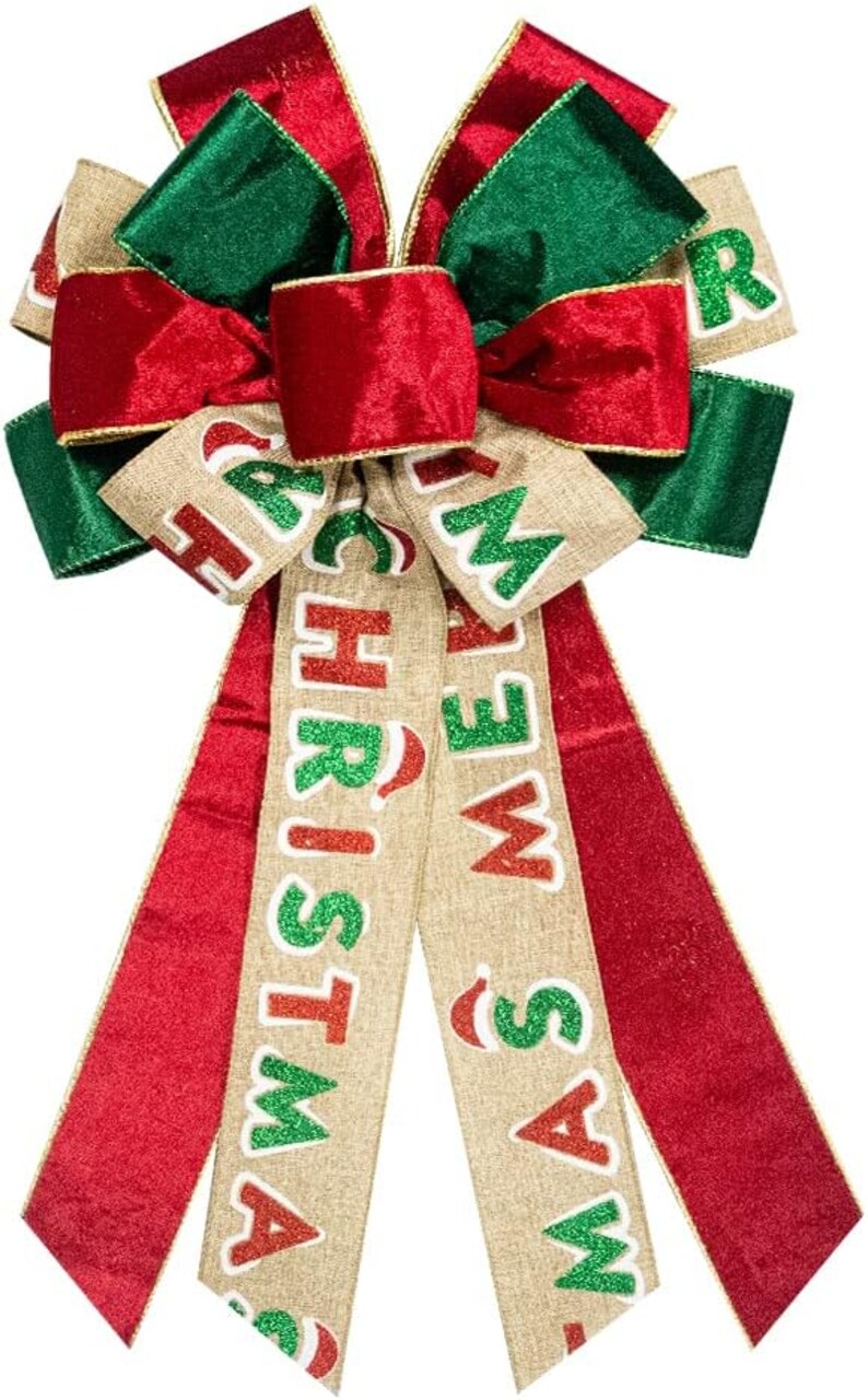 Large Christmas Wreath Bows, Christmas Words Velvet Ribbon Bows for Wreaths, Large Tree Topper Bows for Christmas Home Garden Indoor Outdoor Party Decoration Wreath Ornament Supplies
